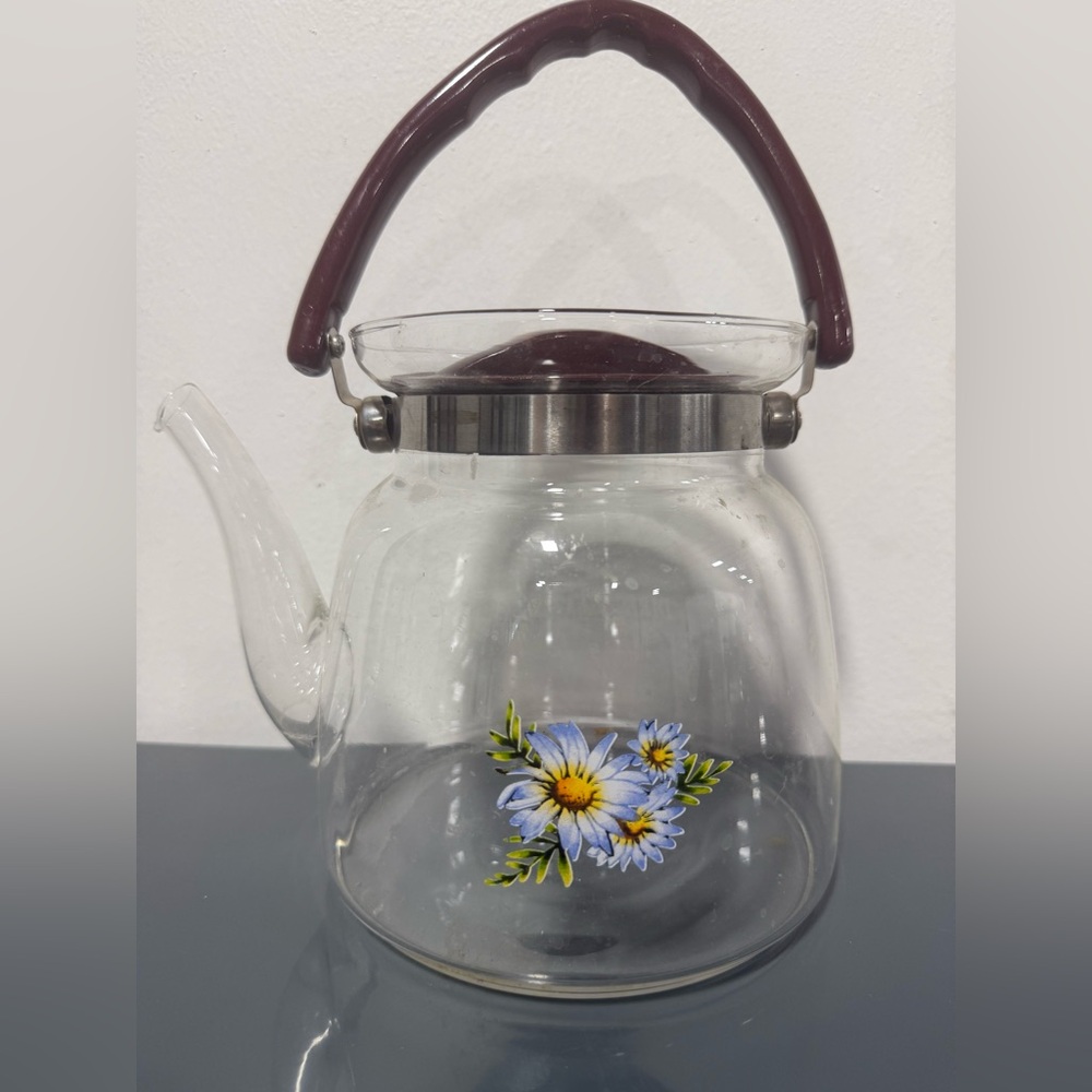 Glass Teapot with Blue Floral Design and Brown Handle